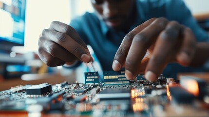 Repair action on computer hardware home setting close-up photography indoor workspace technical skills in electronics