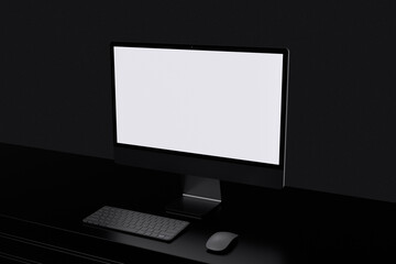 White screen desktop monitor on table with black background for mockup template