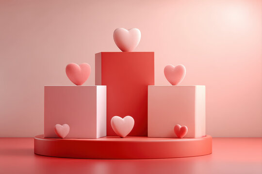 Minimalist Valentine sale display with three empty cubes and hearts on pink to red gradient background - Powered by Adobe