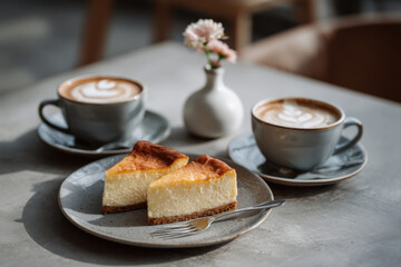 Two cappuccinos and cheesecake slices with a flower on a concrete table
