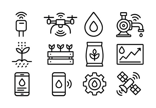 Smart agriculture icons: iot technology for efficient farming and water management