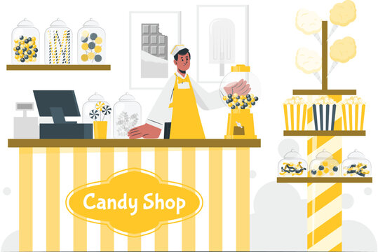 Delightful confectionary haven illustration depicting a vibrant candy shop with a friendly attendant preparing sweet treats and an array of colorful sugary delights