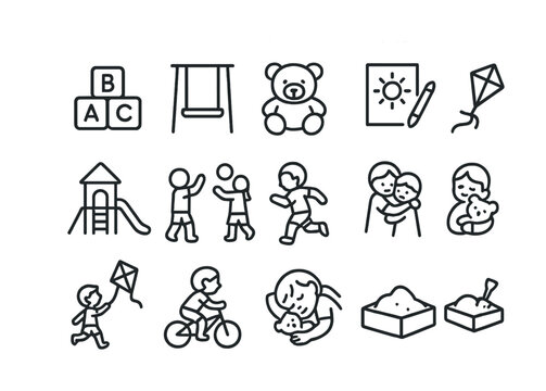 Children's activities and toys icons featuring playful outlines - Powered by Adobe