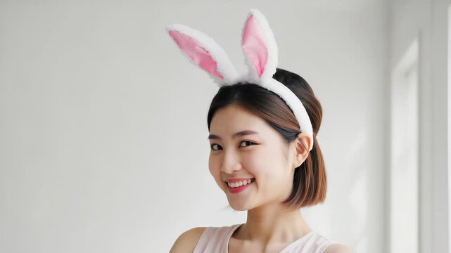 Portrait of a Smiling Young Asian Woman Wearing White Bunny Ears for Easter Celebration, Festive Holiday Costume, Indoor Studio Shot on White Background