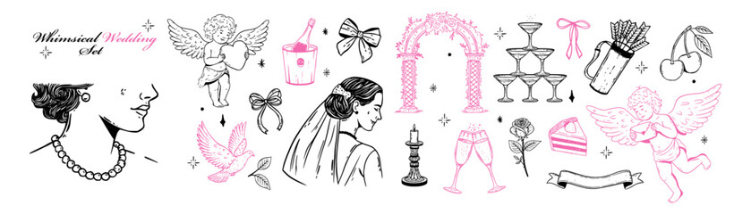Whimsical vintage wedding collection. Coquette bride, arch, cupid, bows, doves, cake, swags, champagne, bouquet and love symbols in sketch style.