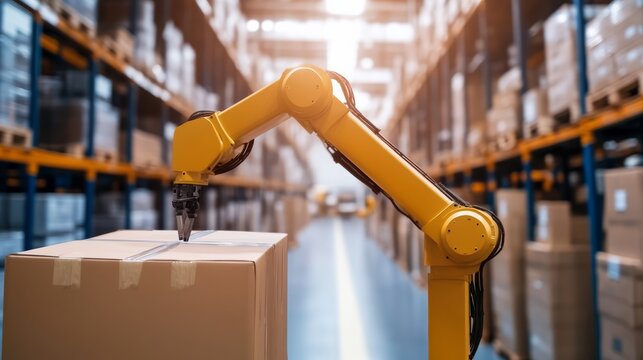 Automated robotics handling packages warehouse industrial photography high-tech environment close-up viewpoint innovation in logistics