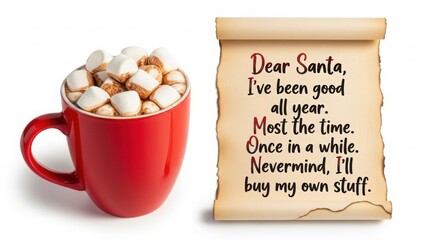 Hot chocolate with marshmallows and Santa letter

Red mug filled with hot chocolate and marshmallows next to humorous Christmas letter to Santa. Bright studio light. Concept of festive mood and holida