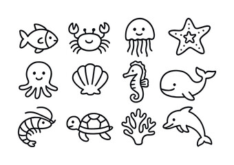 Simple black and white sea creature doodles with various marine animals
