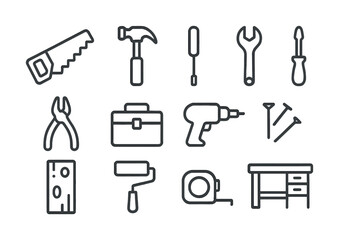 Obraz premium Assorted tools line icons set: hammer, saw, wrench, drill, toolbox, workbench