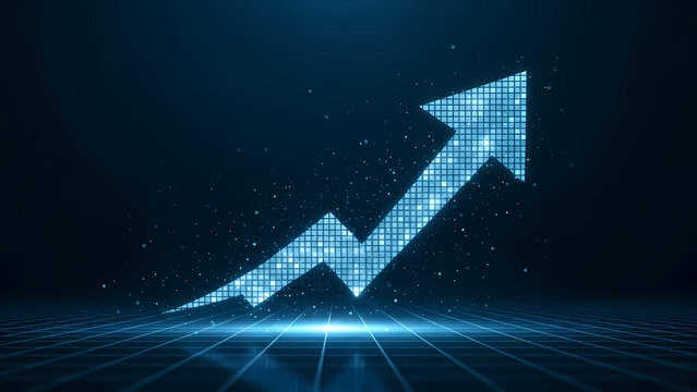 A digital arrow pointing upwards, symbolizing growth, progress, and success against a dark blue background with grid lines.