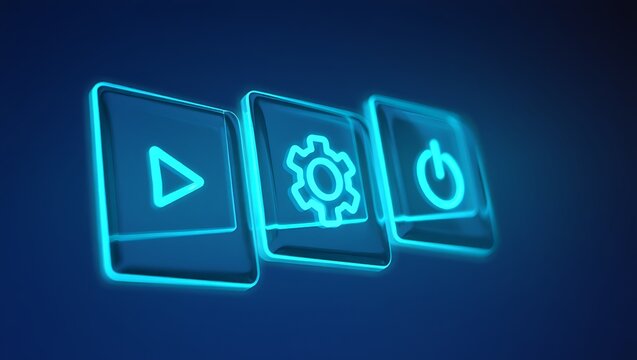 Futuristic Neon Interface Buttons: Start, Settings, and Exit with Mail Icons