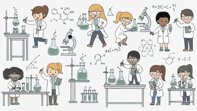 Diverse Kids in Science Cartoon Vector Illustration of Young Scientists in Lab Coats