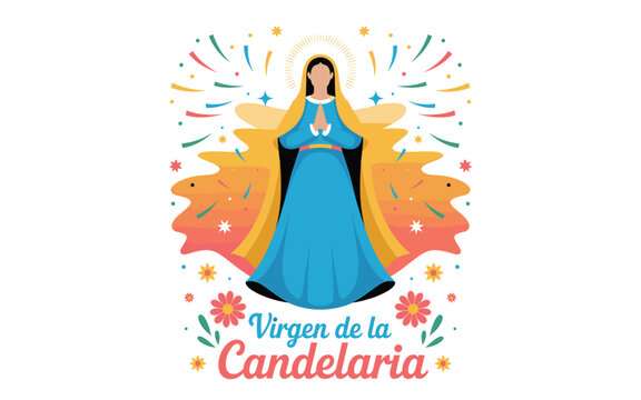Celebration of Virgen de la Candelaria: Festive Vector Illustration of the Virgin Mary with Flowers, Confetti, and Holiday Decorations, a Cultural and Religious Symbol.