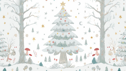 Enchanting winter wonderland with delicate trees, stars, and festive Christmas tree, perfect for holiday charm