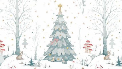 Enchanting winter forest scene with decorated Christmas tree and woodland creatures, holiday magic and festive cheer