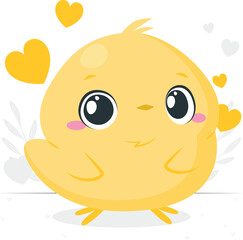 Sweet and adorable cartoon yellow chick illustration with big innocent eyes, surrounded by gently floating hearts, embodying pure joy and affection