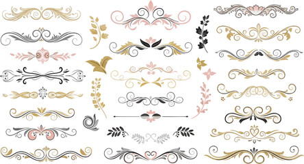 Vector set of vintage calligraphic decorative elements and floral ornamental frames