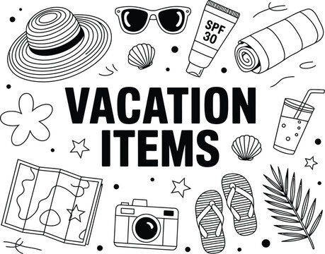 Hand-drawn collection of summer vacation items in a black and white doodle style, featuring essential travel accessories for a beach holiday