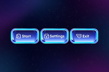 3D Neon Glass Gaming Buttons: Play, Settings, and Close Icons