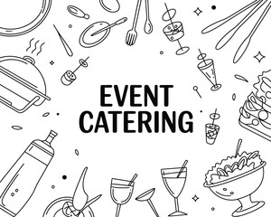 Event catering concept with food, drinks, and service icons, ideal for restaurant and event promotions