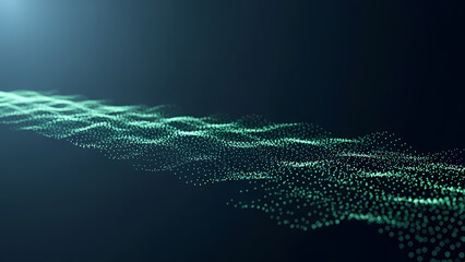Abstract digital wave of green particles flowing across a dark blue background, creating a sense of movement and energy in a modern design.