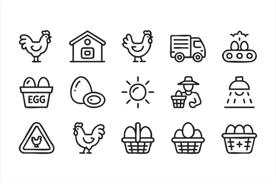 Poultry farm line icons for chickens, egg baskets, hatchery systems, and transport