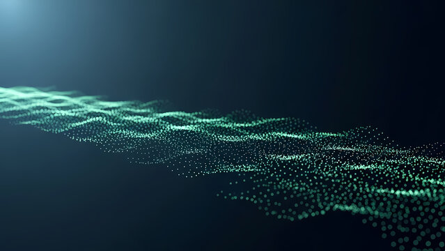 Abstract digital wave of green particles flowing across a dark blue background, creating a sense of movement and energy in a modern design.