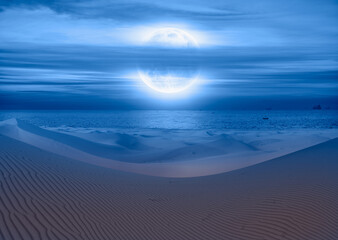 Beautiful sand dunes in the Sahara desert at sunrise with super full moon - Sahara, Morocco "Elements of this image furnished by NASA"