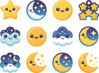 Cute Kawaii Celestial Icons Smiling Stars, Moons, and Clouds for Dreamy Designs