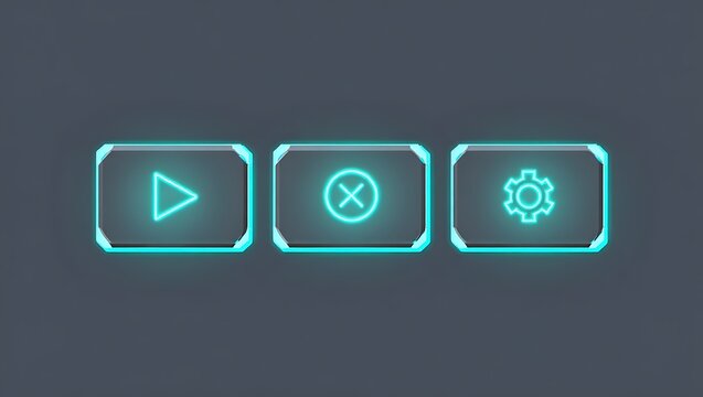 Futuristic Neon UI Buttons: Play, Close, and Settings Icons