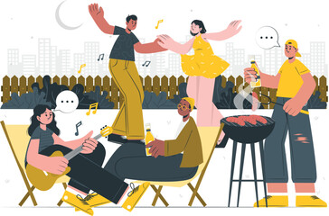 Diverse friends enjoying an upbeat rooftop summer party with live music, dancing, and delicious barbecue, fostering connection and joy