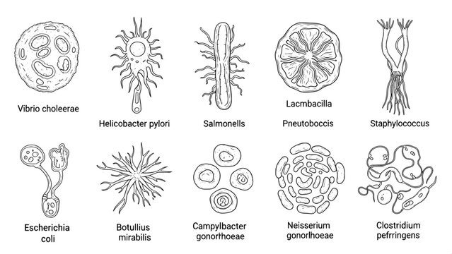 Bacteria types black and white illustration