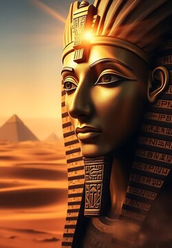 Cinematic Close-up Portrait of a Golden Egyptian Pharaoh Mask or Deity with Pyramids in a Hot Desert Setting