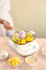 Making Colorful Cartoon Character Steamed Buns in Electric Steamer for Kids Snacks