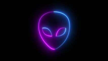 Glowing neon Alien head icon on black background. Martian head icon animation. Extraterrestrial alien face or head icon symbol. Space alien face, extraterrestrial, Martian emoji, humanoid.