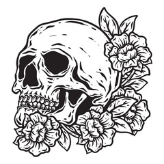 illustration art hand drawn black and white skull head with engraving flower tattoo and t-shirt design