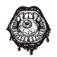 illustration art hand drawn black and white scray mouth wit eye ball tattoo and t-shirt design