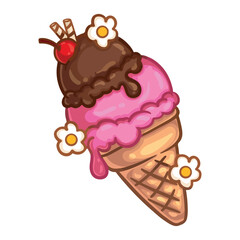 illustration art hand drawn chocolate and strawberry ice cream cone sticker design