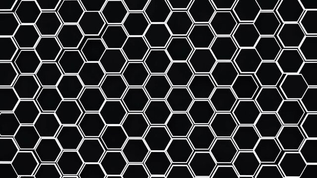 Digital geometric black mesh in wide angle. Futuristic technology polygon pattern. Abstract animated background hexagonal loopable motion background