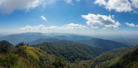 Expansive forest and mountain vista viewed from Doi San Moo Mae Dong summit in Phayao Province, Thailand.
