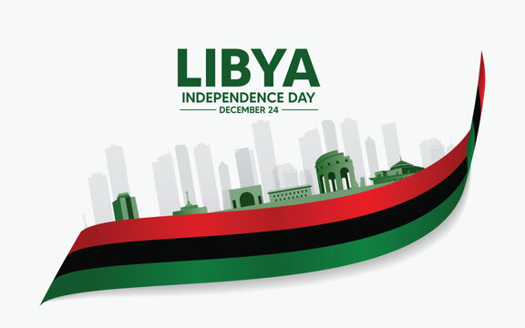 Libya Independence Day Design Featuring City Skyline and Flowing Tricolor Ribbon Elements