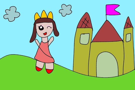 A little girl draws a princess and her castle