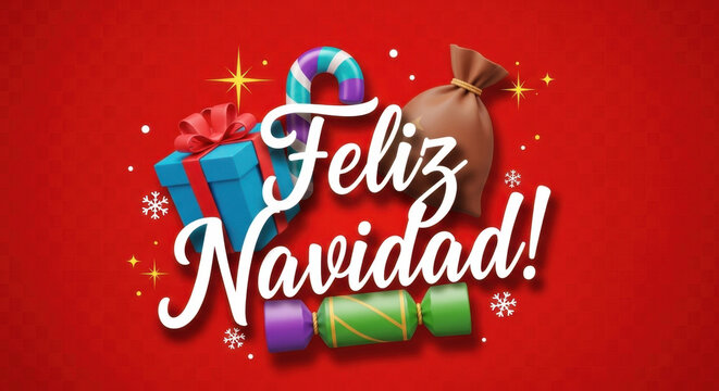 Feliz Navidad Holiday Greeting Card with Presents and Festive Candy Cane on Red Background for Holiday Season Festivities