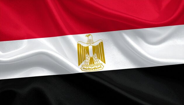 Egyptian flag with red, white, and black horizontal stripes and golden Eagle of Saladin emblem centered.