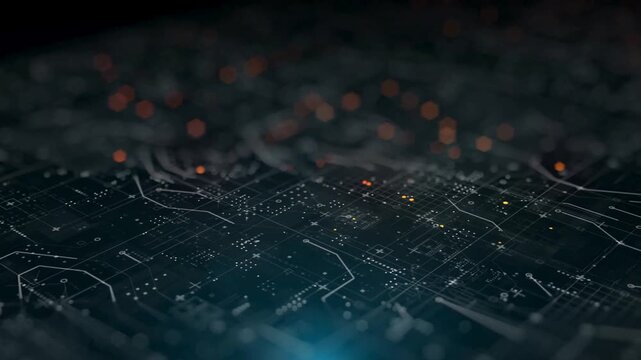 Circuit Boards With glowing Connection Lines. Microchip microprocessor technology. Futuristic glowing chip on circuit board in technology animation.