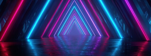 Fototapeta premium Abstract neon lights tunnel with vibrant pink and blue colors and reflections