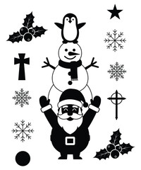 Santa Snowman Penguin Silhouette Stack Festive Holiday Vector Set.