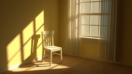 Serene room bathed in morning sunlight with inviting empty chair next to window creating cozy minimalist interior decor moment