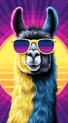 Naklejka premium Cool Llama Wearing Retro Neon Sunglasses in 80s Synthwave Style Vertical Poster