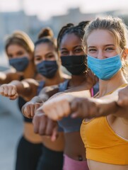 Obraz premium diverse multiracial fit girls friends wear face masks give elbow bump sporty african indian and caucasian young women group noncontact greeting together starting outdoor fitness training closeup no l